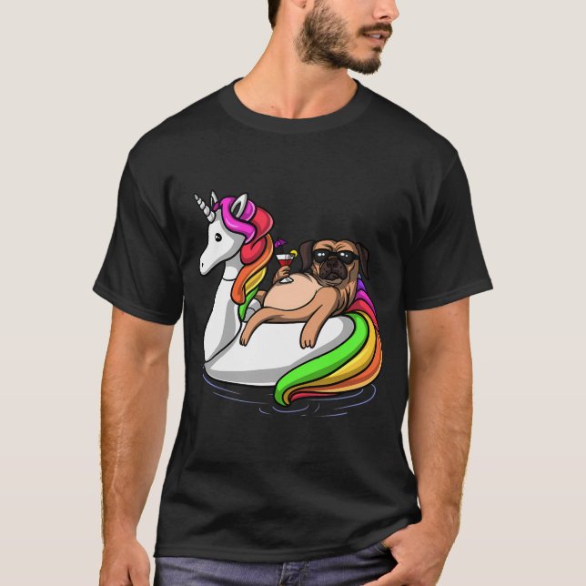T-shirt Flotteur Licorne à Cheval sur un Pug (Devant)