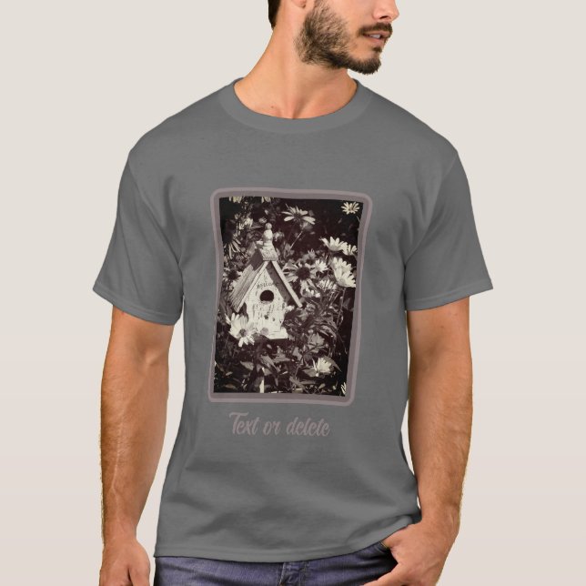 T-shirt Flower Garden Bird House noir blanc personnalisé (Devant)