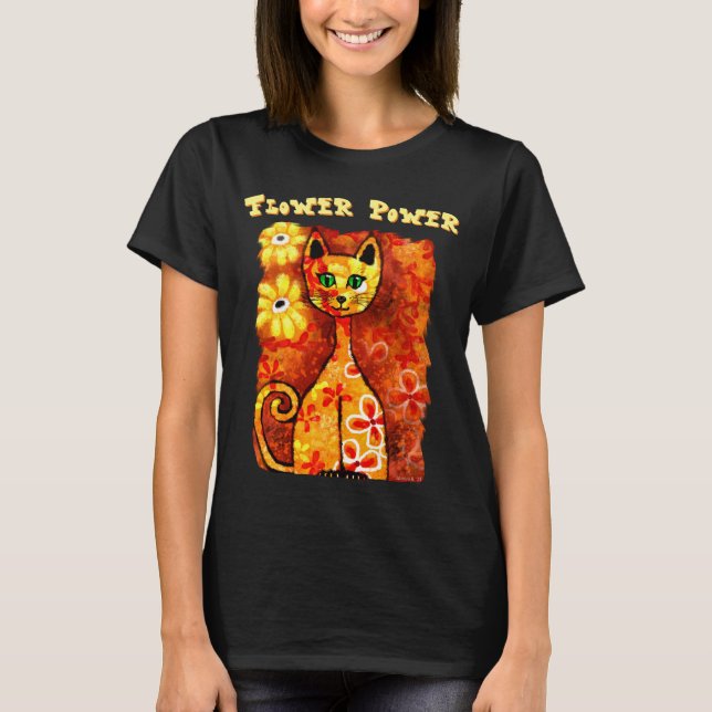 T-shirt Flower Power Retro Whimsical Cat Personalized (Devant)