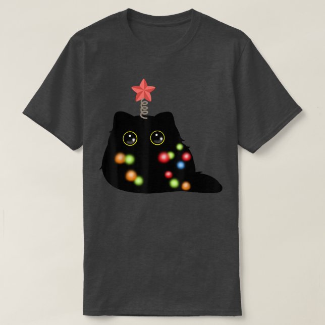 T-shirt Fluffy Christmas Black Cat Santa Hat lumières de N (Design devant)