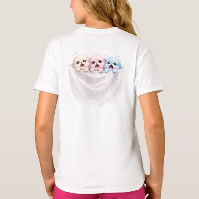 T-shirt Fluffy Trio in Panic – Cute Pastel Creatures  (Dos)