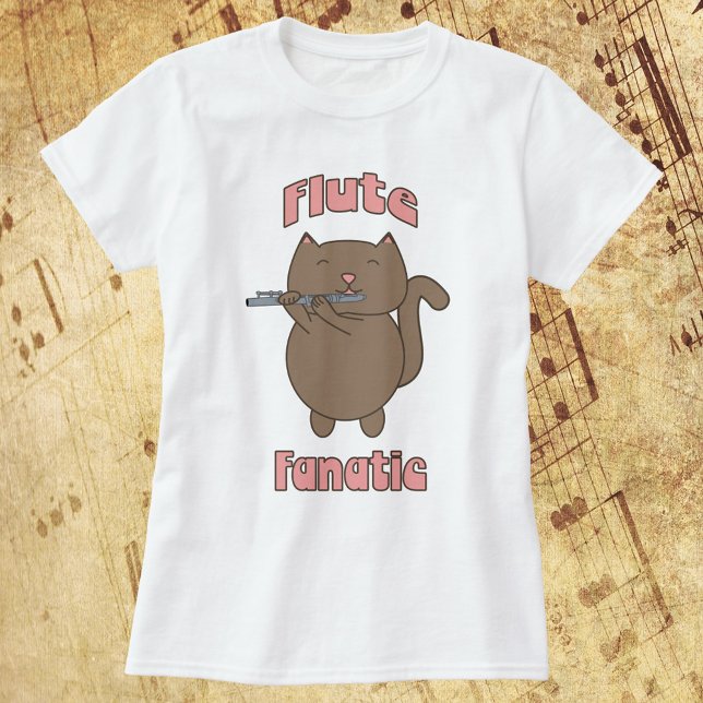 T-shirt Fluide Fanatique Chat Brown (A tshirt with a cute brown cat playing the flute with the text Flute Fanatic)
