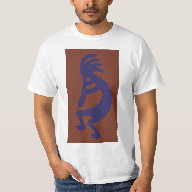 T-shirt Flûte Jouer Kokopelli Figure - Bleu sur rouille Ro (Devant)