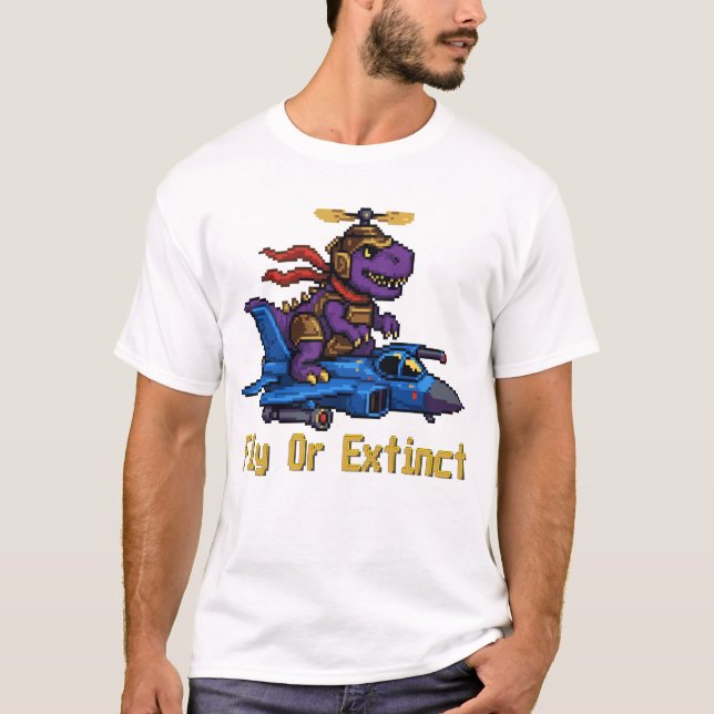 T-shirt Fly Or Extinct Pixel Art Dinosaur Pilot Fighter Je (Devant)