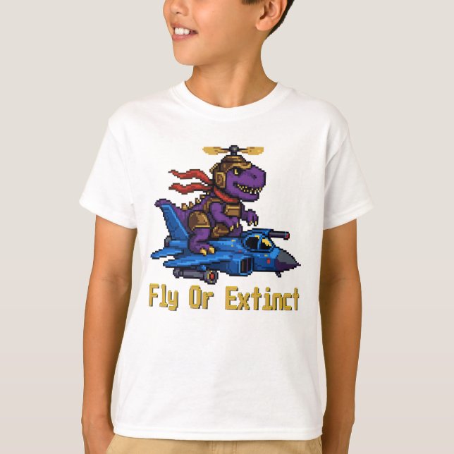 T-shirt Fly Or Extinct Pixel Art Dinosaur Pilot Fighter Je (Devant)