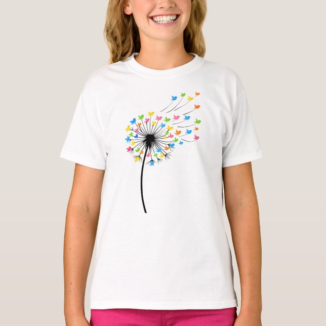 T-shirt Flying colorful birds dandelion flow (Devant)