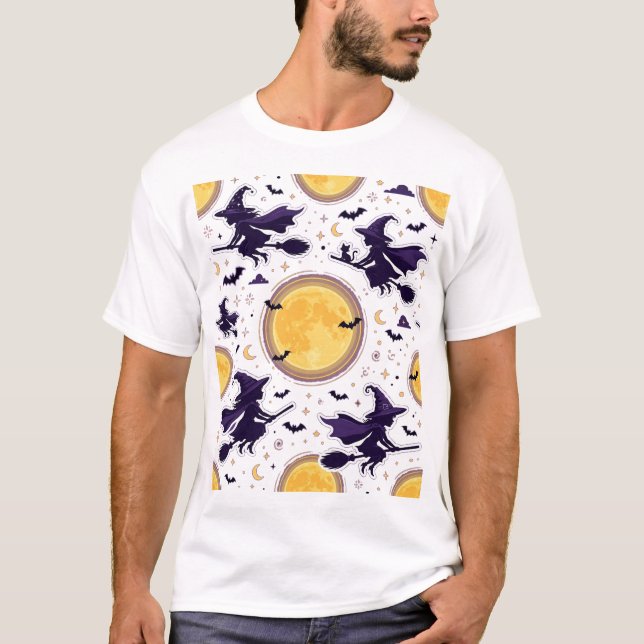 T-shirt Flying Witches Full Moon Halloween Pattern (Devant)