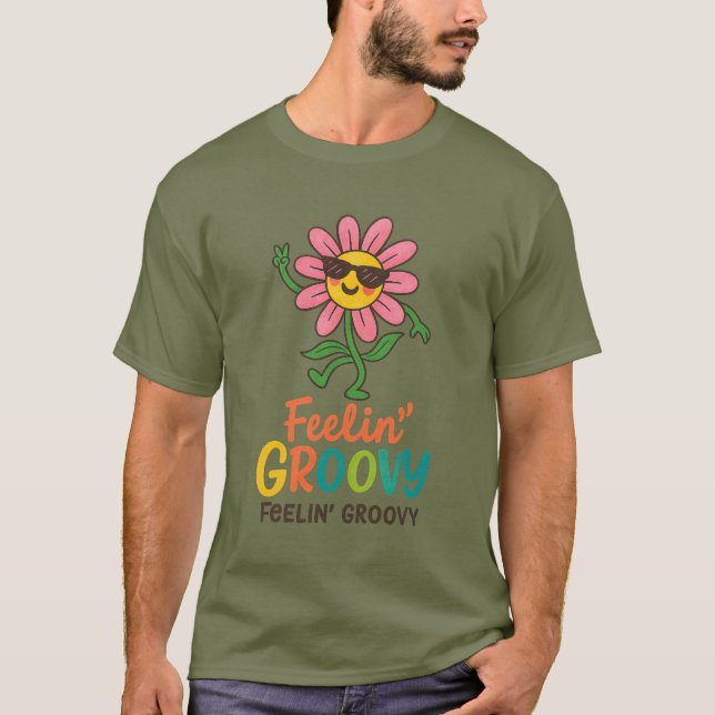 T-shirt foncé de base avec fleurs rétro 'Feelin’ G (Devant)