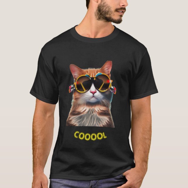 T-shirt foncé pour hommes avec chat aux lunettes d (Devant)