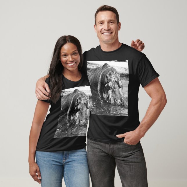 T-shirt **"Force intemporelle : Hippo noir et blanc granul (Unisexe)