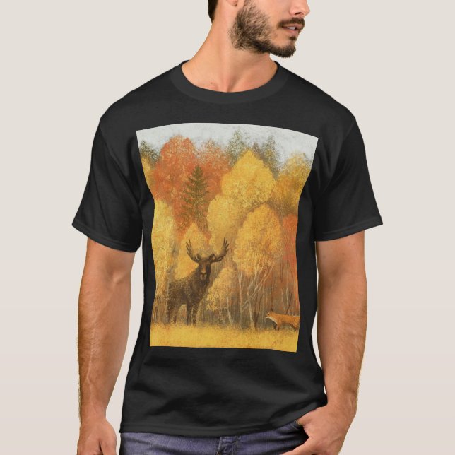 T-shirt Forêt d'automne, cerf numérique et renard. (Devant)