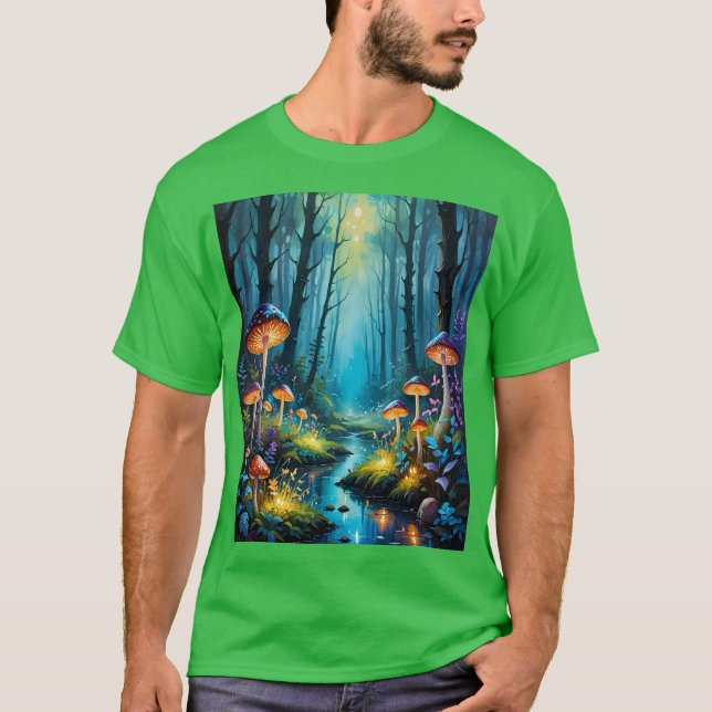 T-shirt Forêt de champignons Scène de lumière magique Tee (Devant)