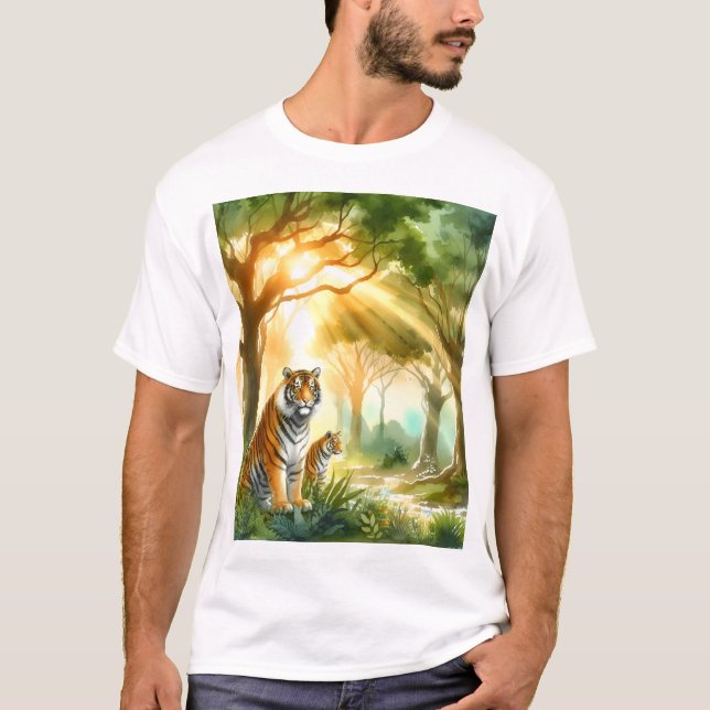 T-shirt Forêt éclairée par le soleil avec deux tigres (Devant)