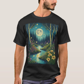 T-shirt Forêt illuminée de Lune avec lucioles dansantes