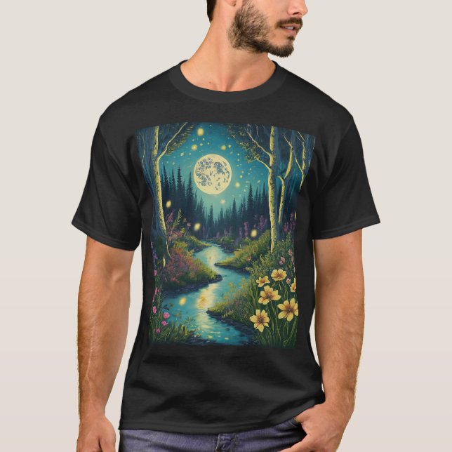 T-shirt Forêt illuminée de Lune avec lucioles dansantes (Devant)