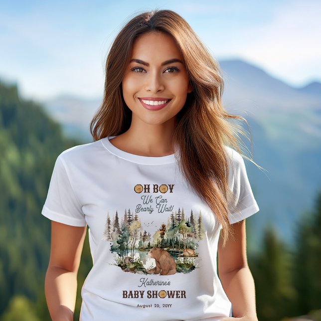 T-shirt Forêt Rustique Oh Garçon Baby shower d'attente rap ("Oh Boy We Can Bearly Wait!" Rustic Woodland Bear and Forest Animals Baby Shower T-Shirt)