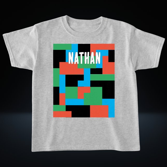 T-shirt Formes géométriques Abstraites personnalisées (A personalized T-shirt with colorful geometric blocks pattern, in the style of a computer game)