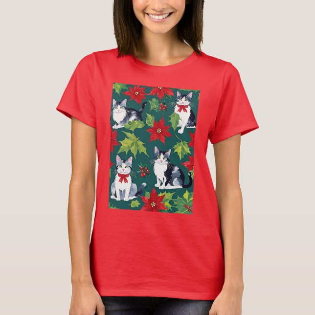 T-shirt Four Christmas Cats And Poinsettias (Devant)