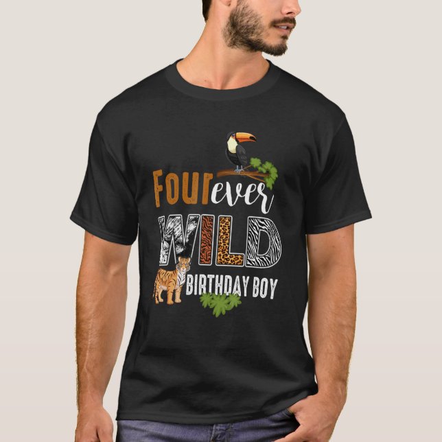 T-shirt Four Ever Wild Birthday Boy Wildlife Tiger 4th Bir (Devant)