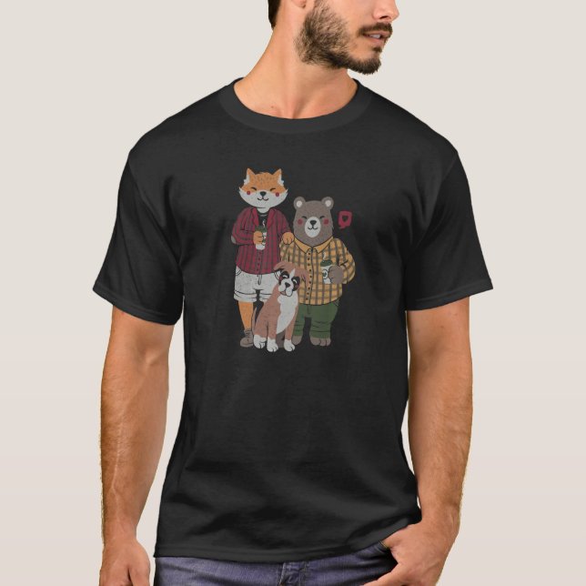 T-shirt Fox Bear Drink Coffee Cute Animals Family Valentin (Devant)