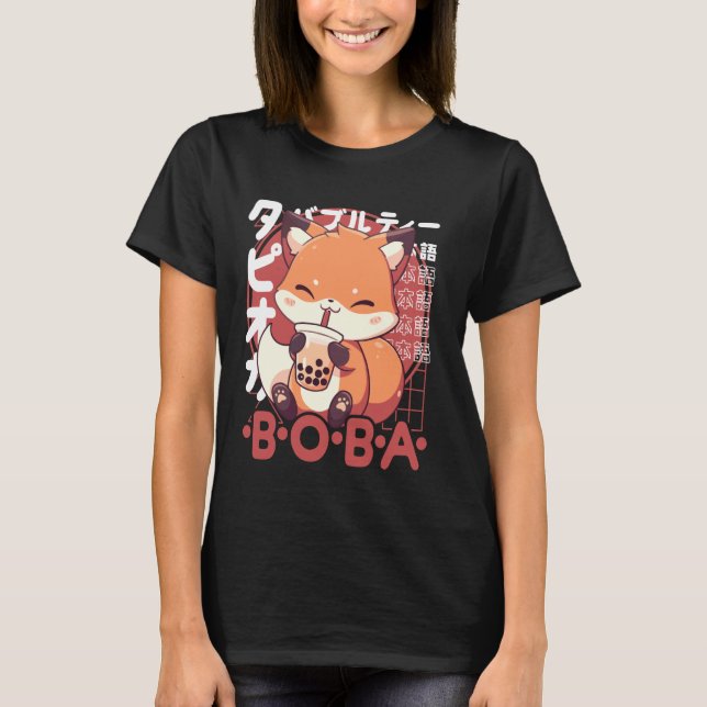T-shirt Fox Boba Tea Kawaii Bubble Tea Fox Anime Neko Red  (Devant)
