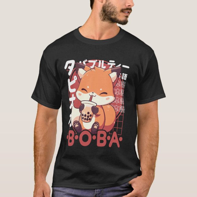 T-shirt Fox Boba Tea Kawaii Bubble Tea Fox Anime Neko Red  (Devant)