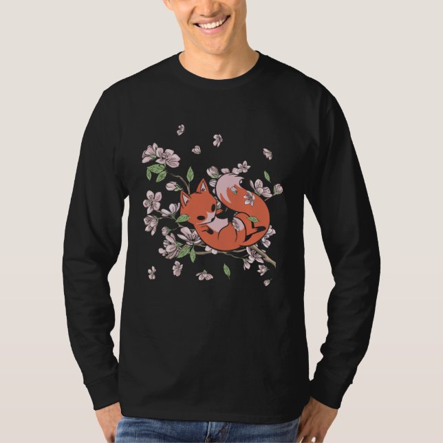 T-shirt Fox Cherry Blossom Foxes Japanese Flower Sakura (Devant)