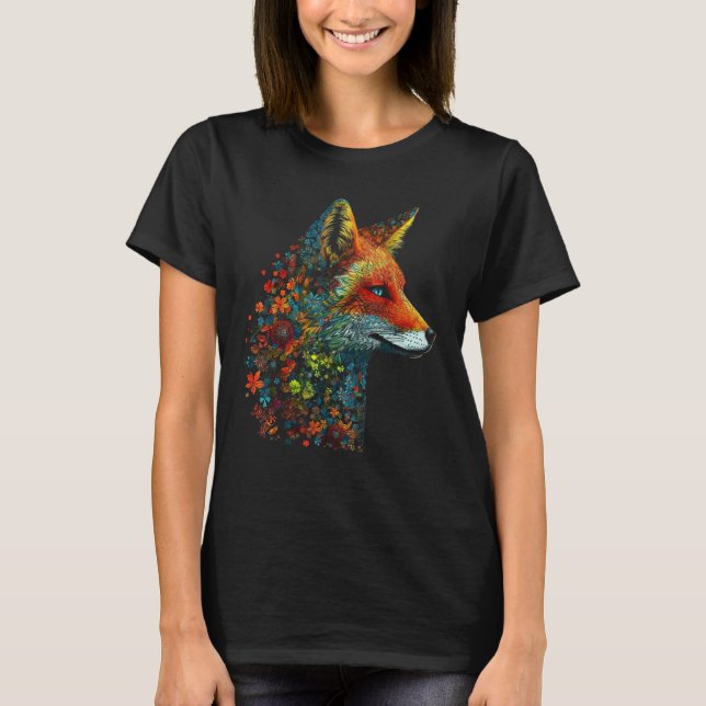 T-shirt Fox Colourful Flowers  Blue Eyes Animal Fox (Devant)