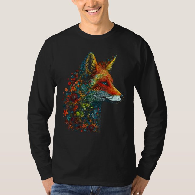 T-shirt Fox Colourful Flowers  Blue Eyes Animal Fox (Devant)