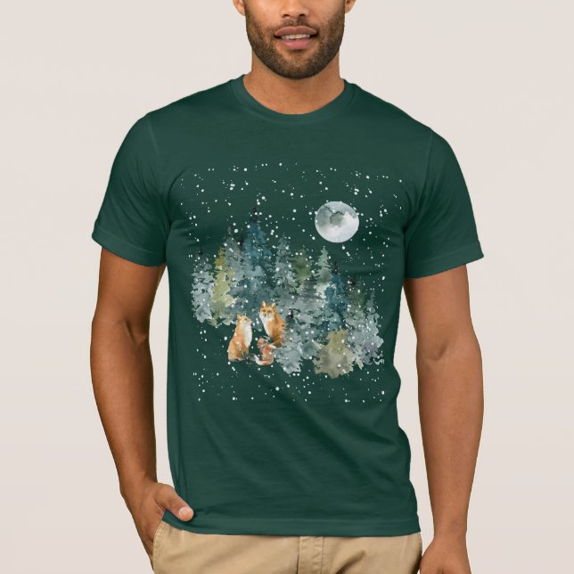 T-shirt Fox Family Forest Pleine lune Snowfall (Devant)