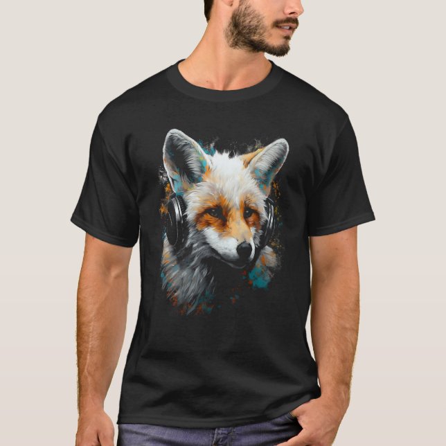 T-shirt Fox Music  Animal Headphones Fox (Devant)