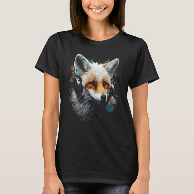 T-shirt Fox Music  Animal Headphones Fox (Devant)
