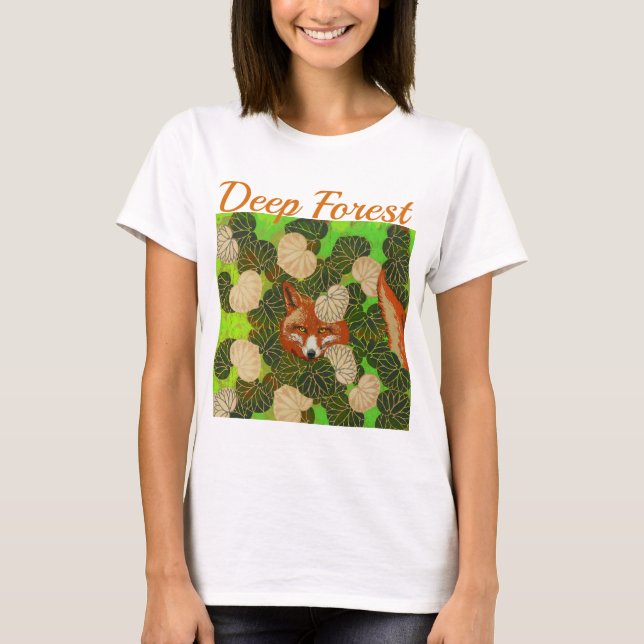T-SHIRT FOX ROUGE PARMI LES FEUILLES VERTS ET LE FOLIAGE (Devant)