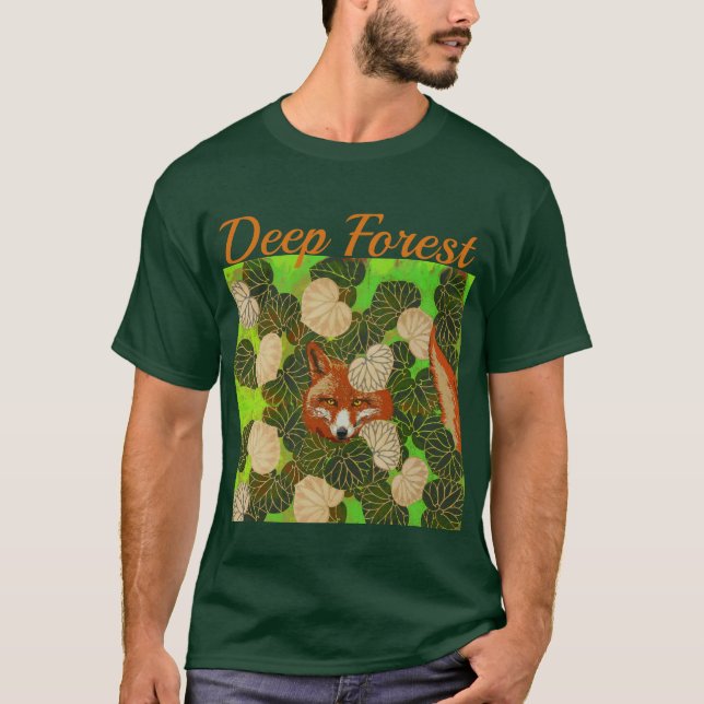 T-SHIRT FOX ROUGE PARMI LES FEUILLES VERTS ET LE FOLIAGE (Devant)