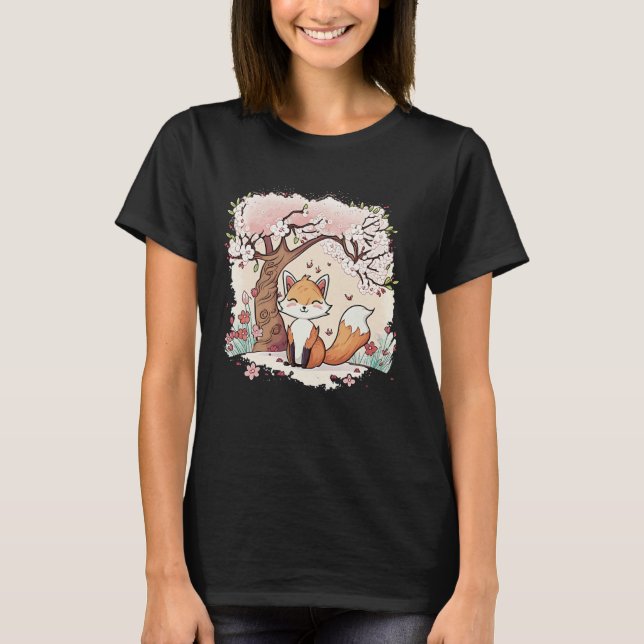 T-shirt Fox Vaporwave Under Cherry Blossom Japanese Aesthe (Devant)