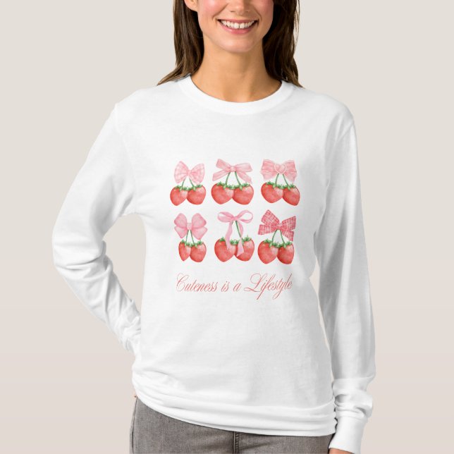 T-shirt Fraise et vaches Kawaii Design Manches longues (Devant)