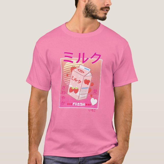 T-shirt Fraise Lait Carton Kawaii Rose Aestheti (Devant)