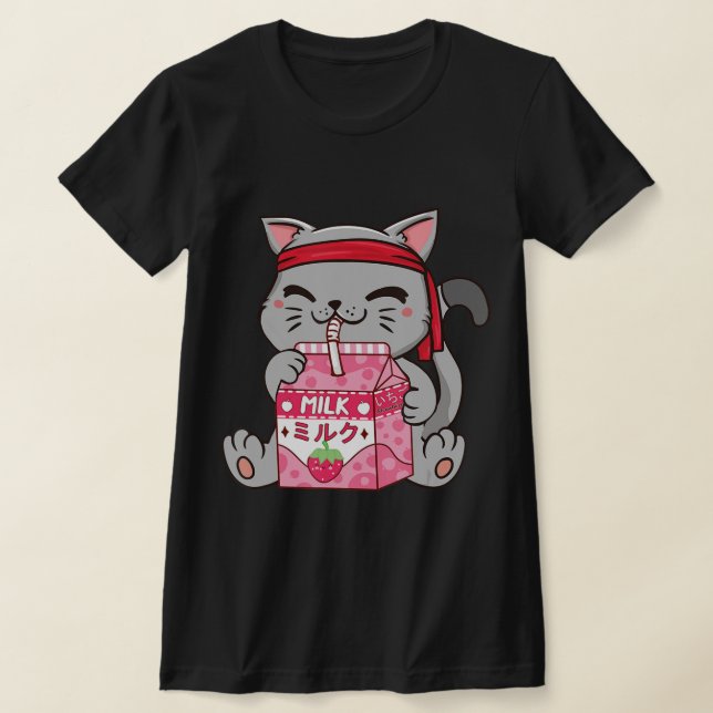 T-shirt Fraise Shake fraise Lait Chat Kawaii Neko A (Poser)
