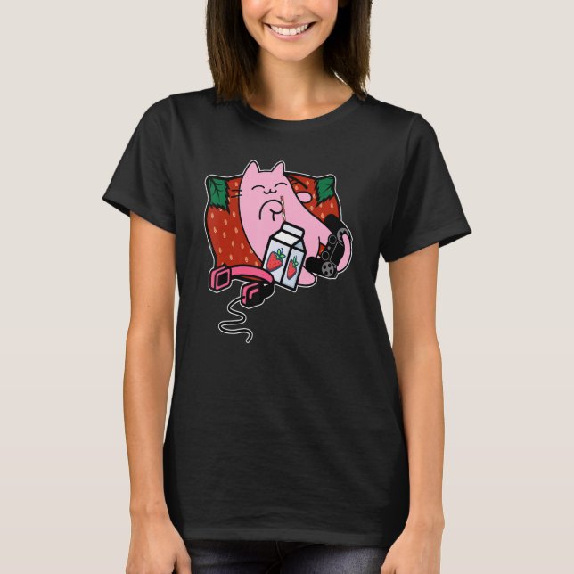 T-shirt Fraise Shake fraise Lait Chat rose (Devant)
