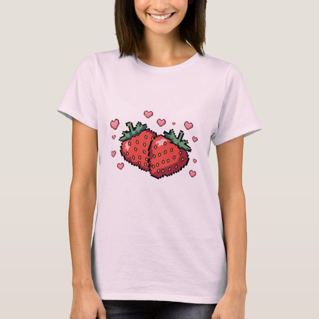 T-shirt Fraises Pixel Art avec Coeurs - Cute Retro (Devant)