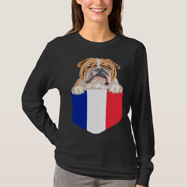 T-shirt France Flag Bulldog Dog In Pocket (Devant)