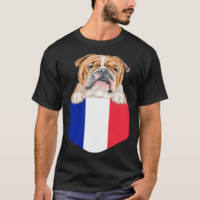 T-shirt France Flag Bulldog Dog In Pocket (Devant)
