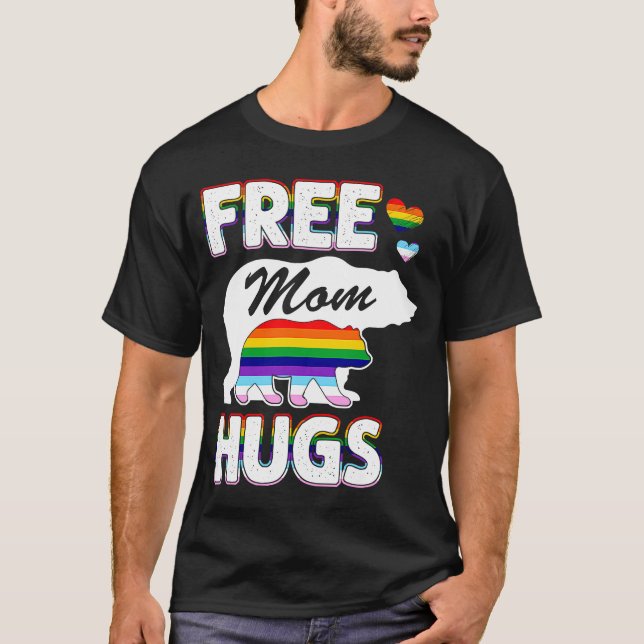 T-shirt Free Mom Hugs Rainbow Grey Pride LGBT (Devant)