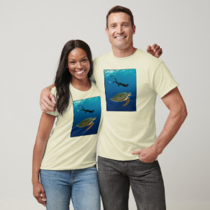 T-shirt Freediver et tortue verte - organiques. Blanc