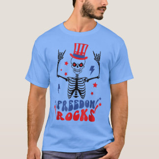 T-shirt Freedom Rocks Skeleton American Flag Joyeux 4e de 