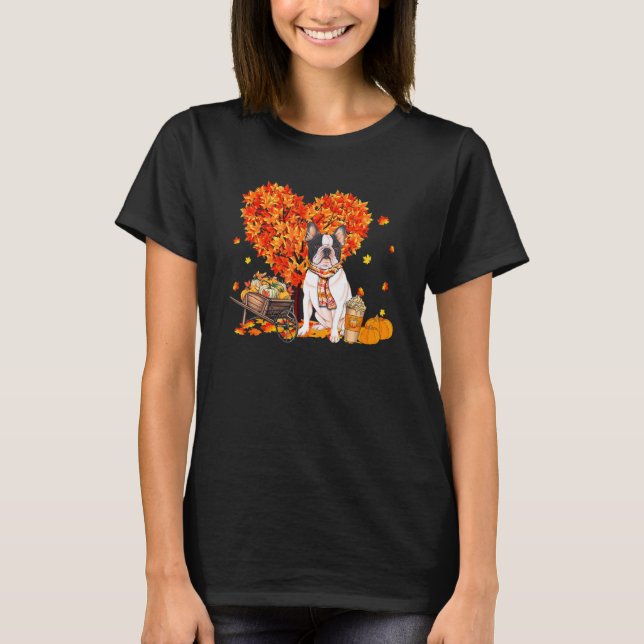 T-shirt French Bulldog Autumn Tree Fall Leaves Pumpkin Dog (Devant)