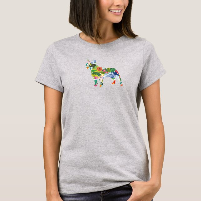 T-shirt French Bulldog Flowers Silhouette  (Devant)