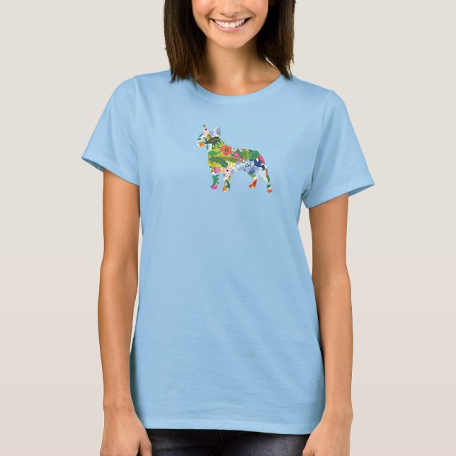 T-shirt French Bulldog Flowers Silhouette  (Devant)
