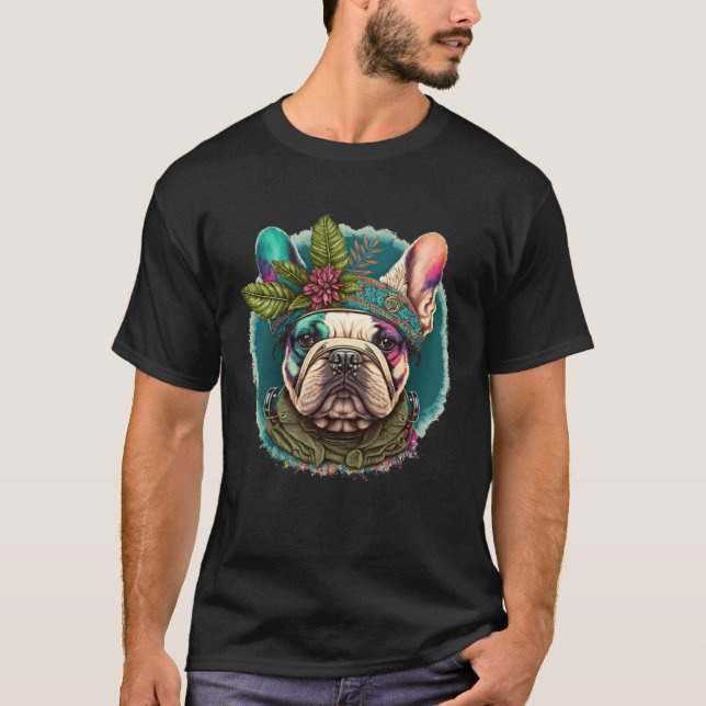 T-shirt French Bulldog Frenchie Hippie Mandala sunflower (Devant)