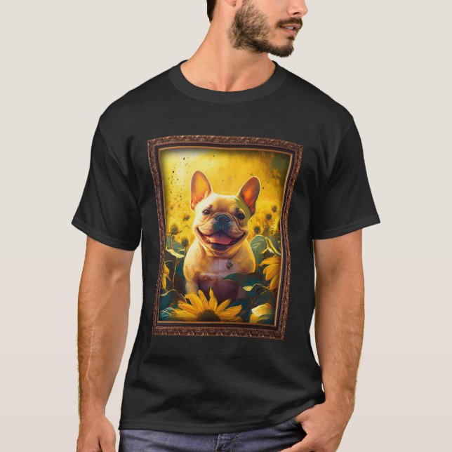 T-shirt French Bulldog Painting Frenchie Sunflower Flower  (Devant)